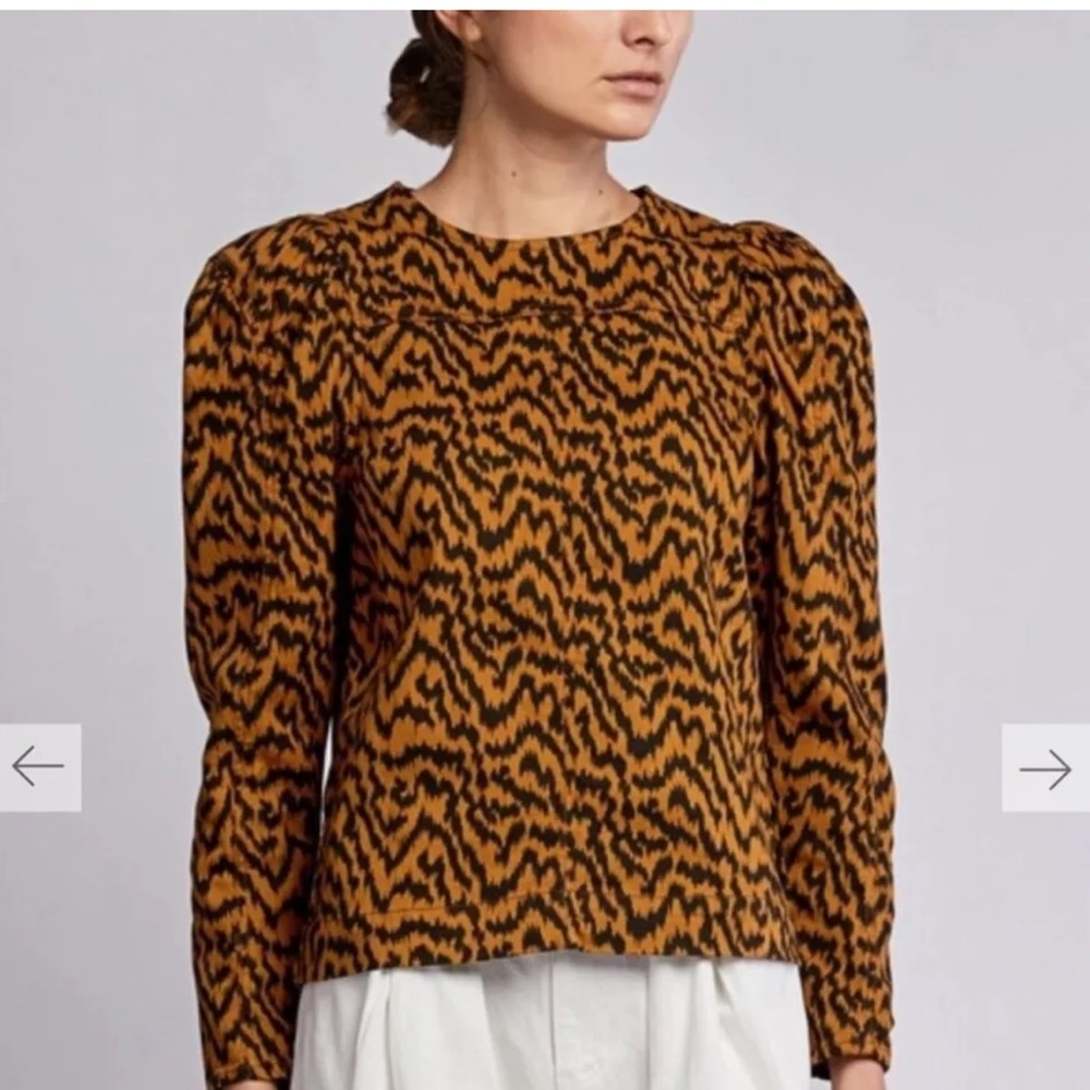 Ulla Johnson Kirby Tiger Print Denim Puff Sleeve Blouse 4